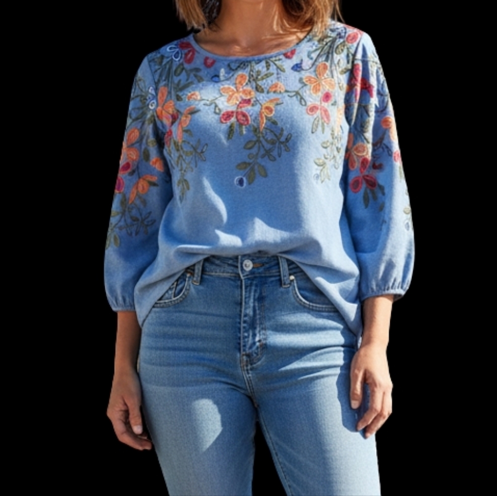 Embroidered Floral Light Blue Women's Blouse